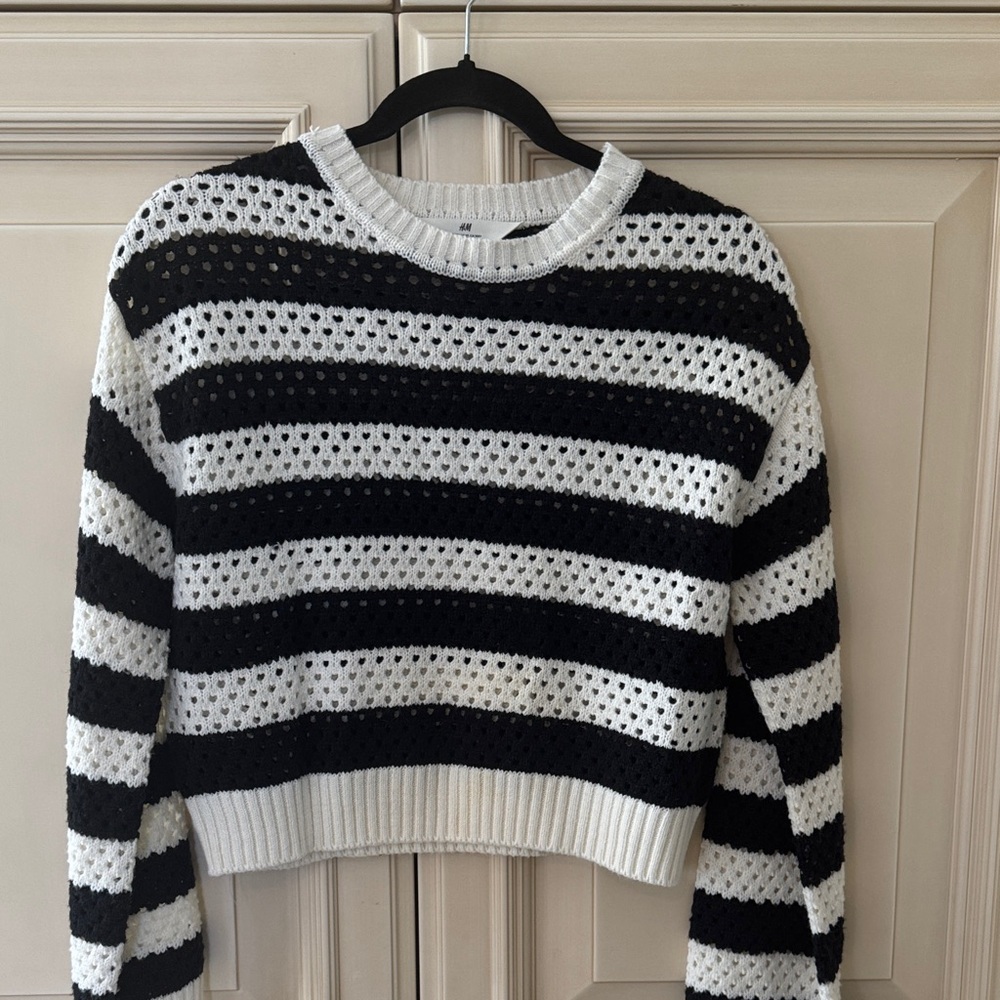H&M Black and White Striped Open-Knit Sweater